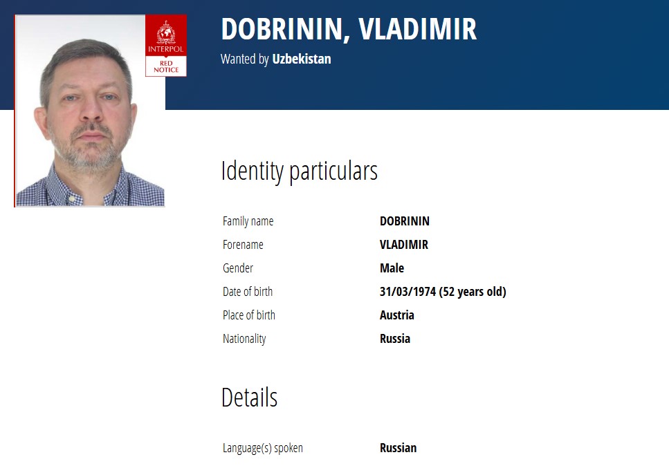 Uzbekistan lists Humans founder Vladimir Dobrinin in Interpol Red Notice database.