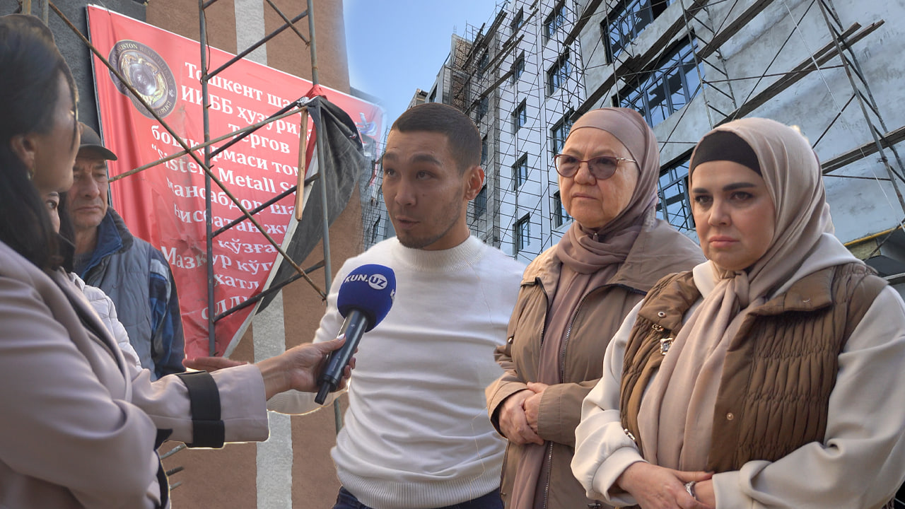 Half-built Tashkent residential block trapped by loan lien; builders jailed, buyers desperate.