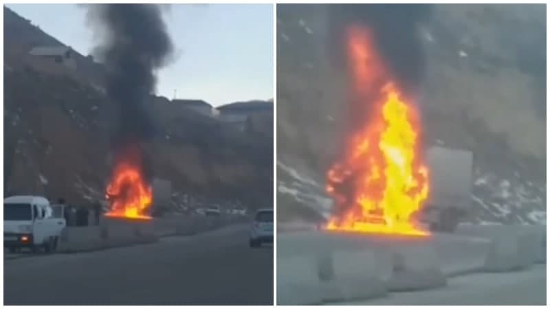 Truck explodes on the Kamchik Pass